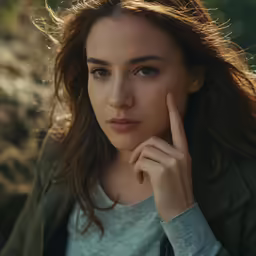 a woman with brown hair has a thoughtful look on her face