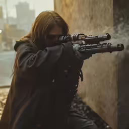 the woman is wearing an old style coat and holding a gun
