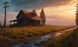 a big house sits in a field during the day,a wooden house sitting in the middle of a field