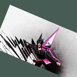 an advertisement for a musical company features a man dressed as batman,a woman in purple holding up her black and white umbrella