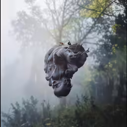 a piece of art hangs on a chain in the air