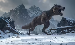 a big dinosaur in a snowy mountain landscape