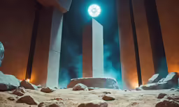 an arch is lit up in the fog as it peeks above