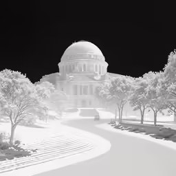 the dome is illuminated in white light as it sits on top of a hill