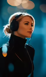 a beautiful woman with headphones in her hands