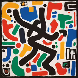 a multicolored abstract painting with black, yellow, green and red colors