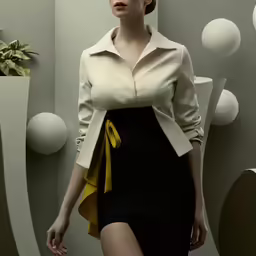 a beautiful woman standing next to a tall plant