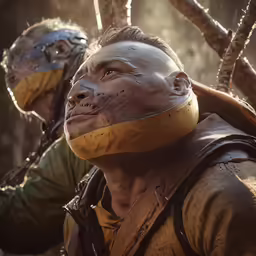 two guys with masks on look up