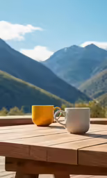 a pair of yellow coffee cups are on a picnic table