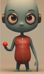 the strange cartoon character is holding an apple