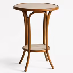 a round wooden table on stand