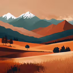 there is a beautiful painting of a mountain range,the mountain range and field are beautiful in this painting