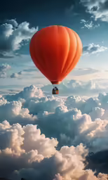 a large orange air ballon is flying through the clouds