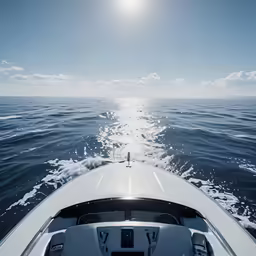the back of a boat on the water and sun reflecting off the horizon
