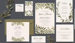 greeney wedding suite with the suite and envelope, note cards, and envelope,some green leaves are on the side of a wedding stationery set