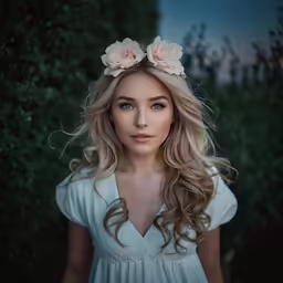 an attractive blonde woman wearing a white dress and a flower in her hair