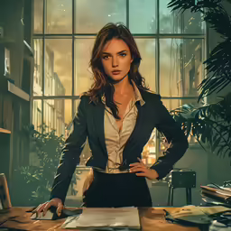 a woman standing at a desk in front of a large window