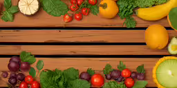fresh fruits and vegetables laid out on a wooden plank,some fruits and vegetables are arranged on a wood surface