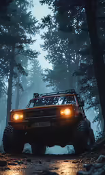 a jeep driving down a muddy road surrounded by trees