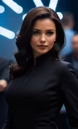 the beautiful and brunette young woman in black dress posing