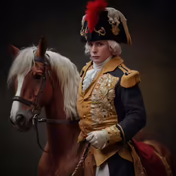 a young lady posing with her horse wearing a costume