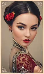 a woman with long hair wearing red flowers on her hair