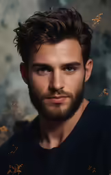 a bearded man in front of an artistic background