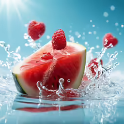a watermelon wedge is splashing through the water