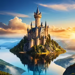a castle sits on an island with a lake below