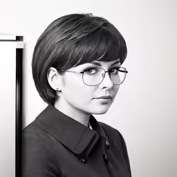 the black and white photo shows a woman with glasses next to a door