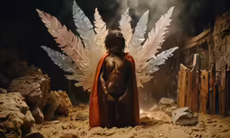 an artistic photo of a man dressed in costume standing in the dirt