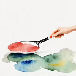 a painting of a person cutting a small frying pan on top of a table