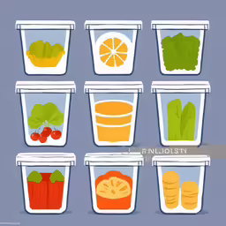 a bunch of cups with different types of fruits and vegetables