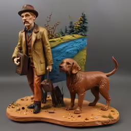an older man and his dog next to a sculpture