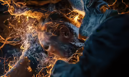 a woman is in a room with flames on the ground