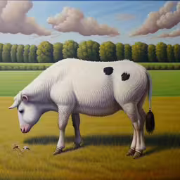 a painting of a sheep standing on a field,there is a painting with a black and white animal in the middle