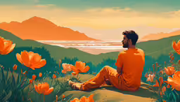 a man in an orange outfit sitting on a hill,man sits and looks at the ocean and mountains