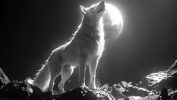 the wolf is standing on a hill looking up at the moon