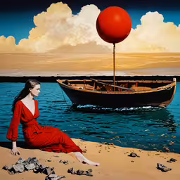 a woman sitting in front of a boat on the beach,woman in red sitting on beach next to boat with orange ball