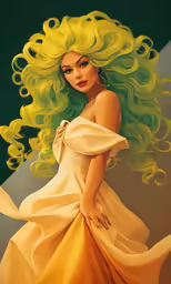 a woman with bright yellow hair is wearing an orange and white dress