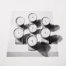 four clocks are standing in a square next to each other
