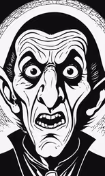 an illustration of dracula with his head slightly turned to the side,a caricature of dracula with a hat on