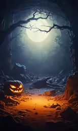 two jack o lanterns glowing on a forest floor