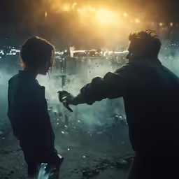a person holding something by his hand while standing next to another man