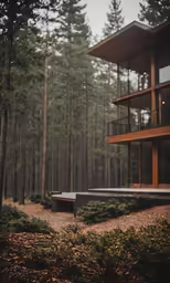 a cabin in the woods near some trees