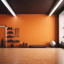 an empty room with orange walls and various objects on the shelves