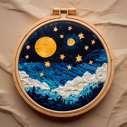 a circular embroidery of an mountain scene, with stars and moon