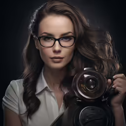 a lady wearing glasses holds up a camera