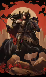 the knight is riding on a black horse