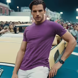 man leaning on top of a car wearing a purple t - shirt